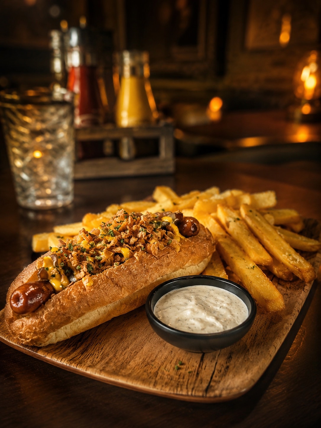 Dear Watson hot dog with chips served on a wooden board.