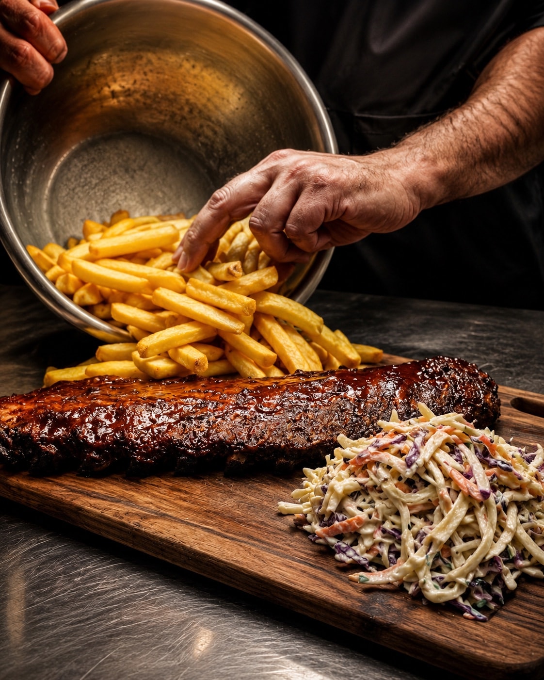 Glazed ribs with chips and coleslaw being plated at Dear Watson.