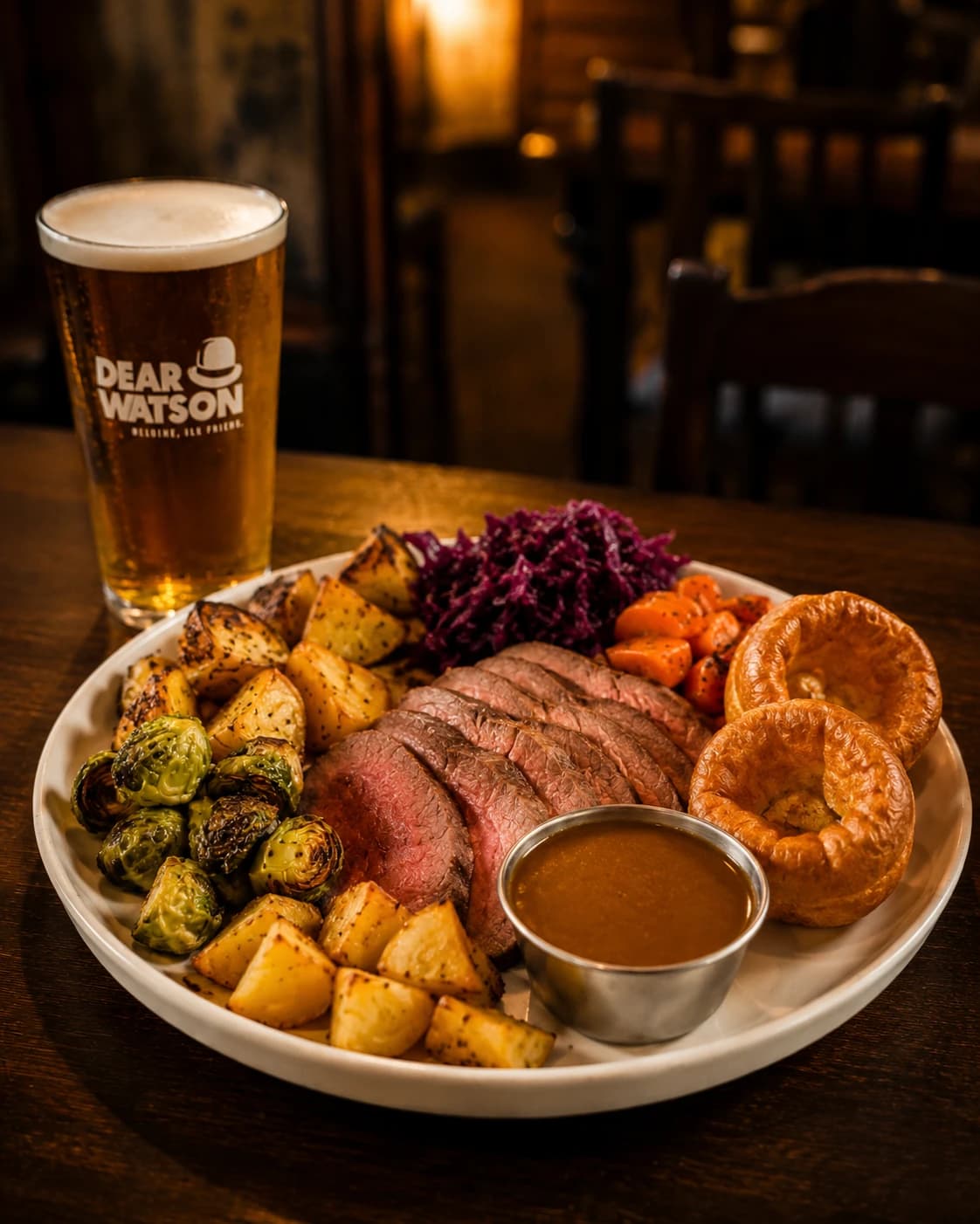 Sunday Roast na dřevěném stole v pubu s pivem